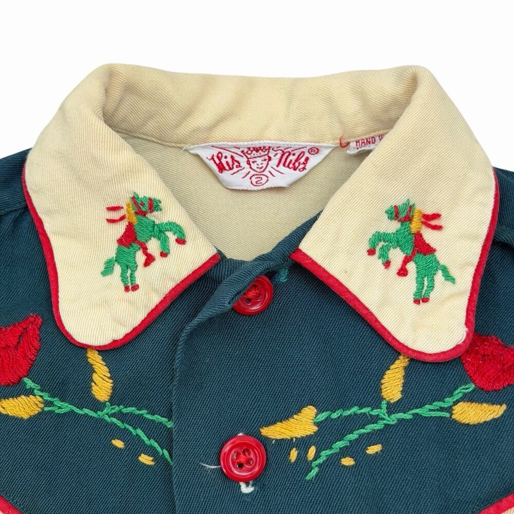 Vintage 40’s/50’s Western Cowboy Shirt, Embroidered Horses & Roses, KIDS SIZE 2